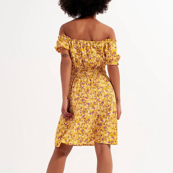 Mini Dress With Shirred Detail in Yellow Ditsy Floral Print - Picture 4 of 4